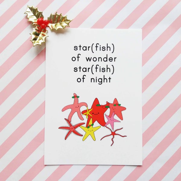 starfish christmas A6 postcard & envelope, cute christmas, funny christmas card