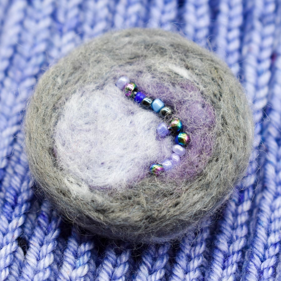 Needle felted and beaded brooch pin - Purple and Grey