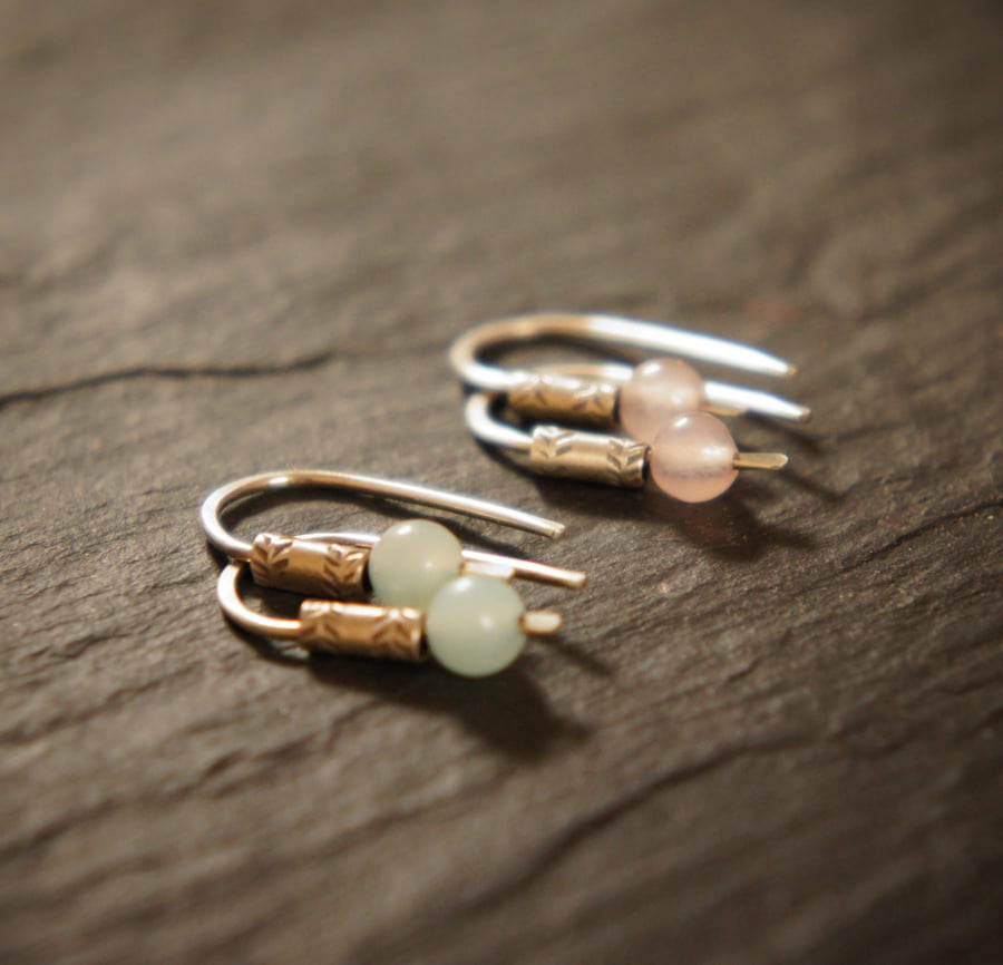 Native Spirit Rose Quartz, Amazonite Gemstone and Silver Ethnic Style Earrings
