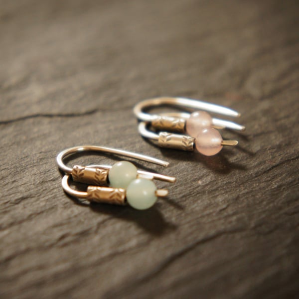 Native Spirit Rose Quartz, Amazonite Gemstone and Silver Ethnic Style Earrings