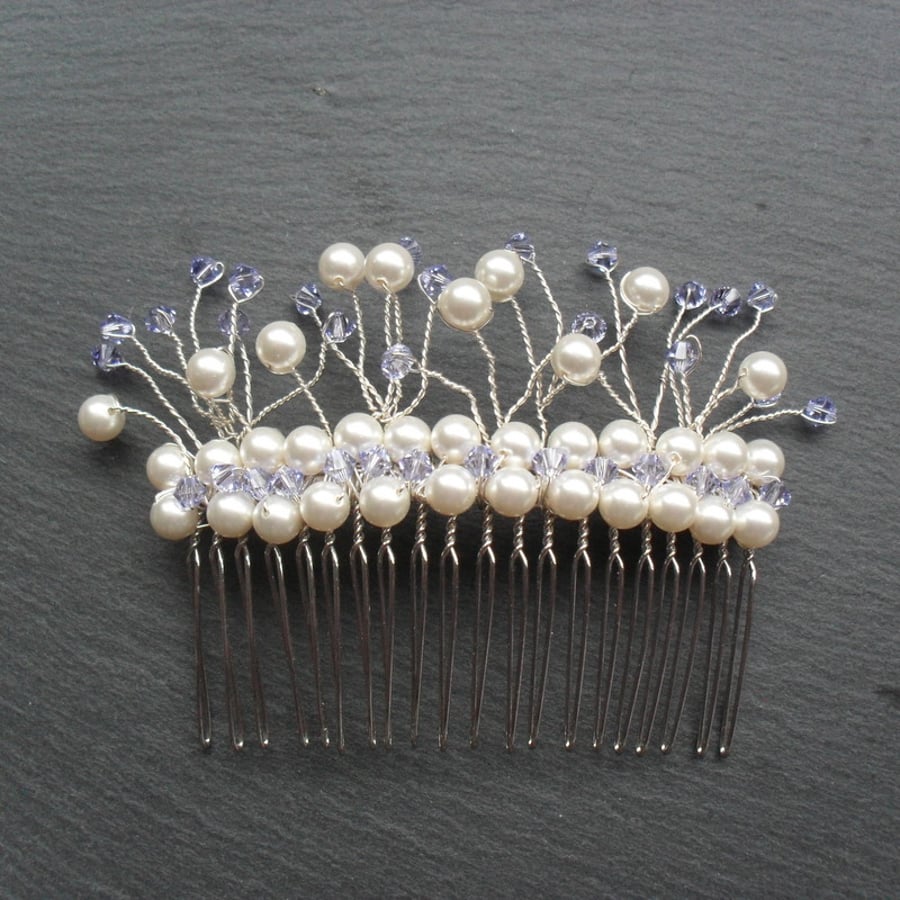 SALE Lilac and White  Hair Comb With Pearls and Crystals From Swarovski 