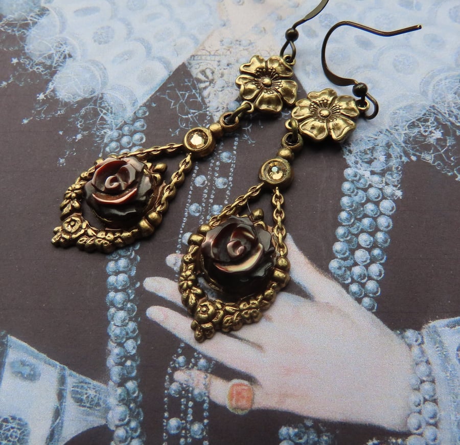 Tudor Rose Vintage Style Mother of Pearl and Crystal Dangle Earrings