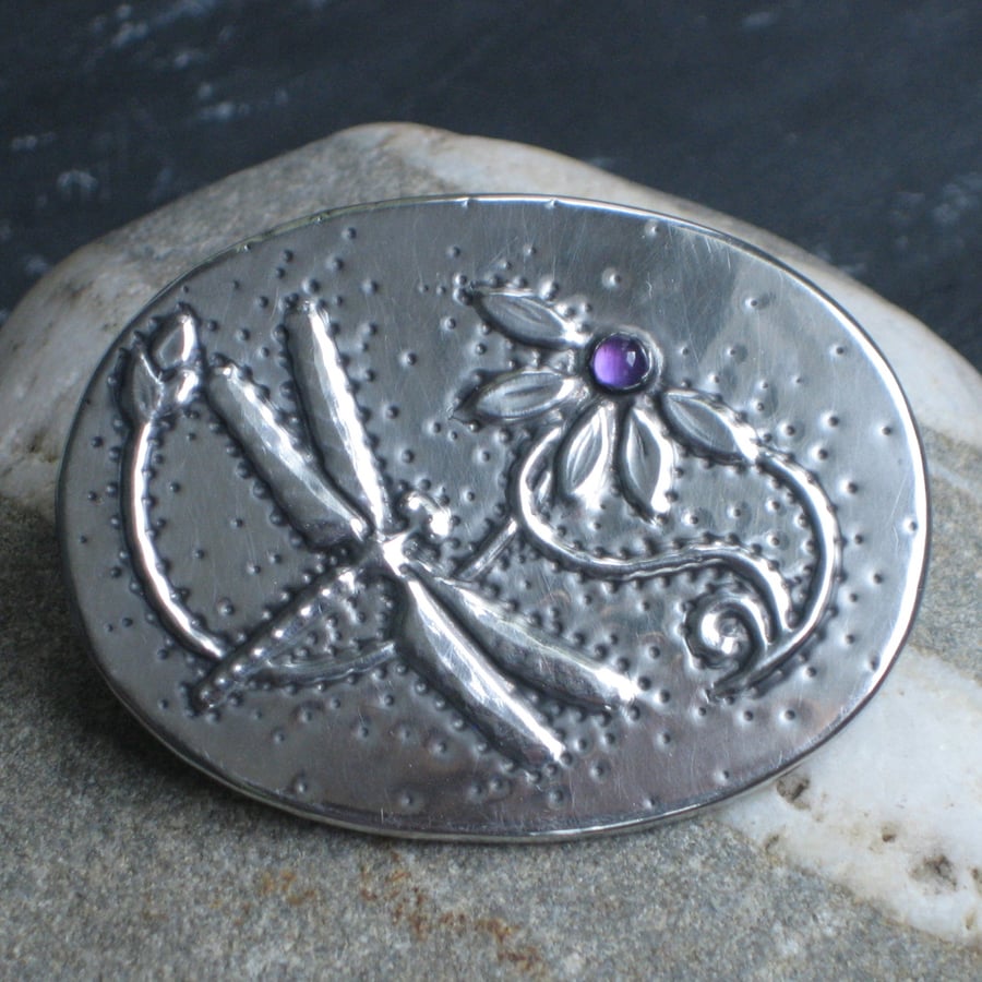 Handmade Dragonfly Amethyst Brooch in Silver Pewter