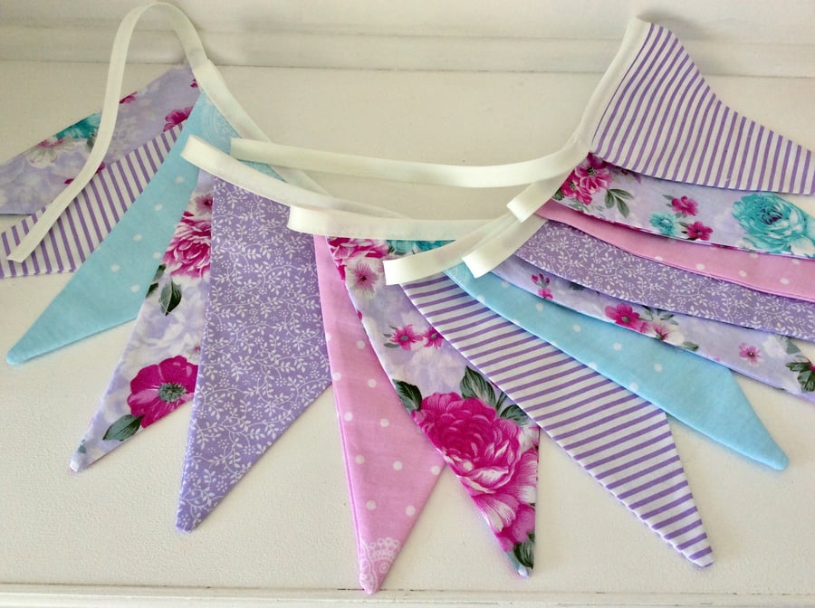 Purple floral Bunting - 14 flags in mixture of lavender purple pink and blue
