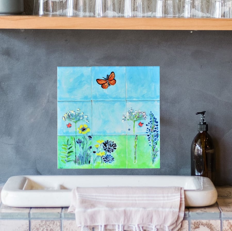 Splashback, Hand painted tiles, Butterfly with Meadow flowers mural
