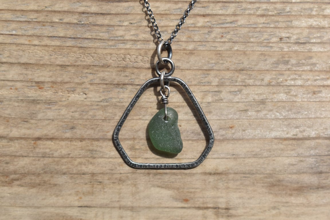 Scottish Sea Glass and Recycled Sterling Silver Necklace, Dark Green