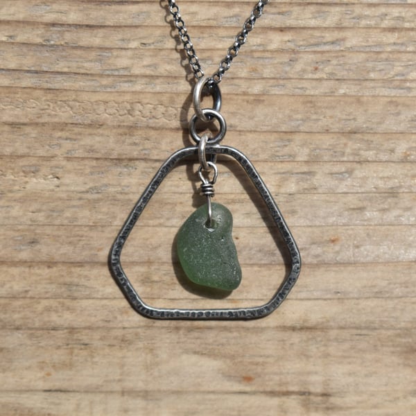Scottish Sea Glass and Recycled Sterling Silver Necklace, Dark Green