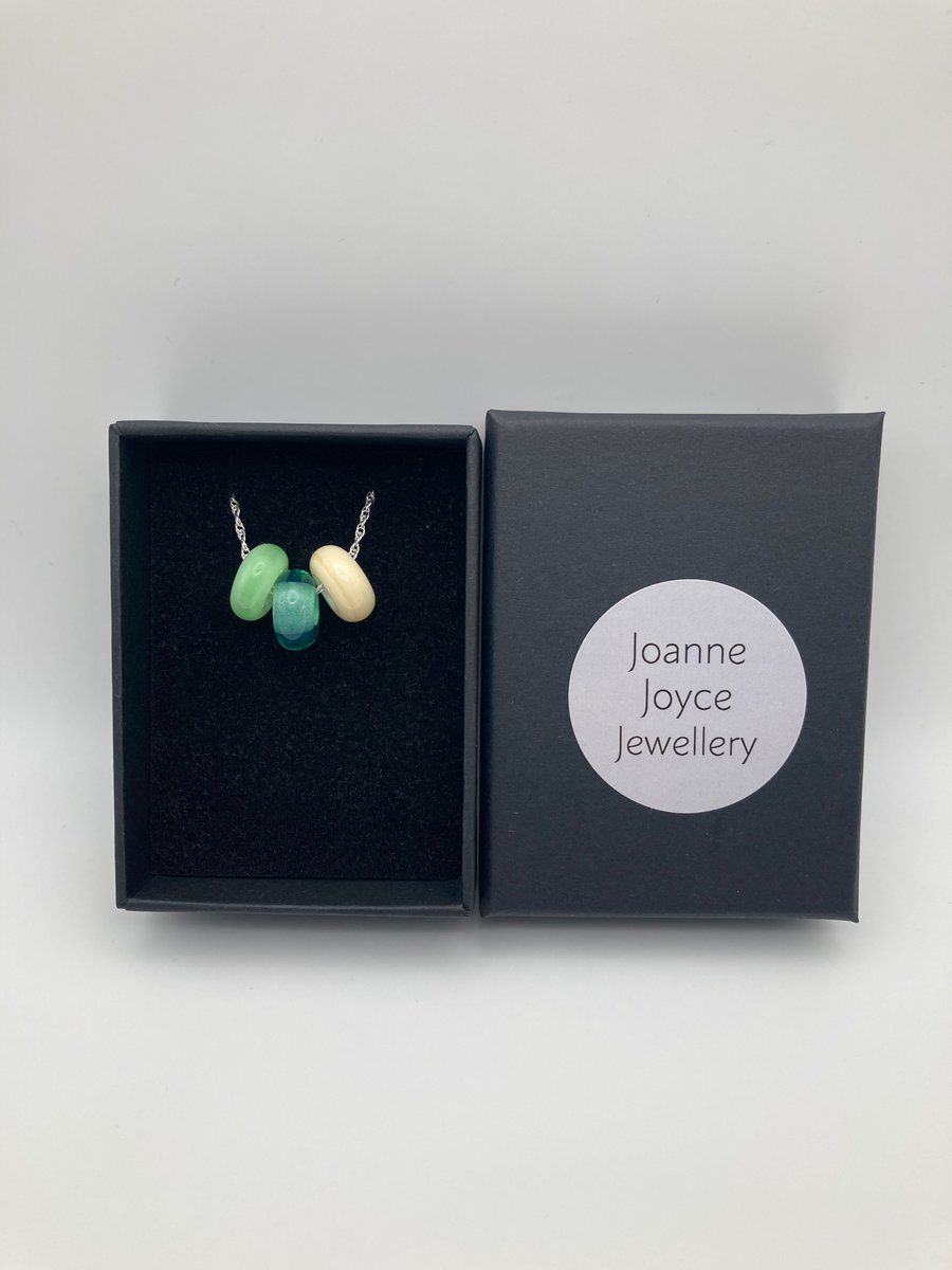 Sterling silver chain, green lampwork glass necklace