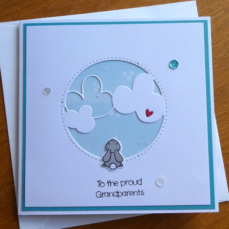Grandparents Card - Rabbit With Clouds - Aqua
