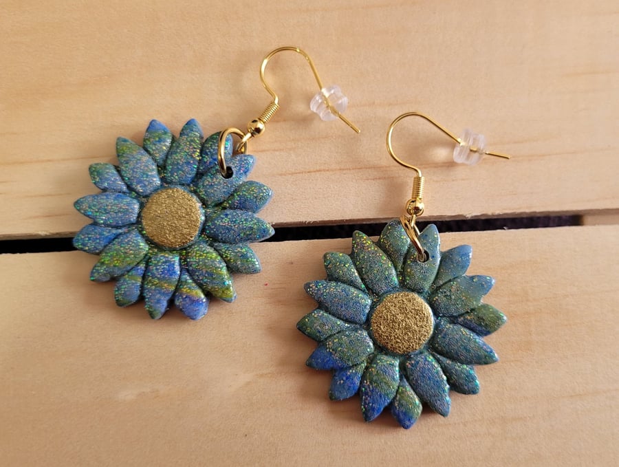 Polymer Clay Blue and Gold Flower Earrings, 316 Surgical Stainless Steel