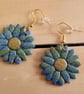Polymer Clay Blue and Gold Flower Earrings, 316 Surgical Stainless Steel