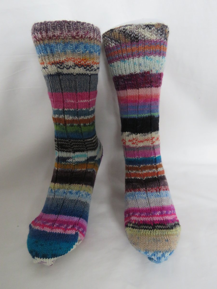 Hand-cranked Frankensox Knitted Ribbed Wool Socks Size 4 to 5