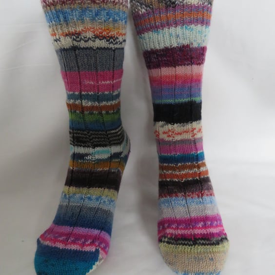 Hand-cranked Frankensox Knitted Ribbed Wool Socks Size 4 to 5