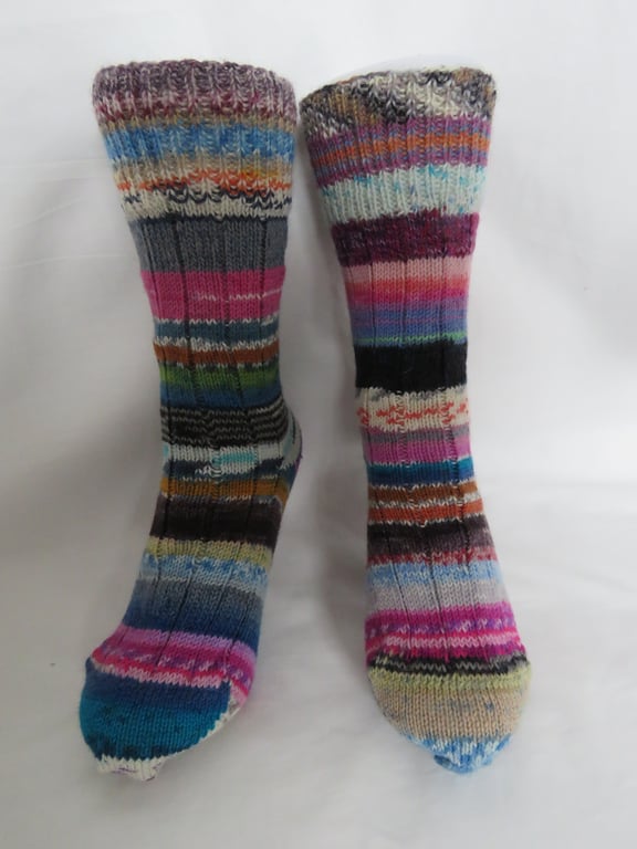 Hand-cranked Frankensox Knitted Ribbed Wool Socks Size 4 to 5
