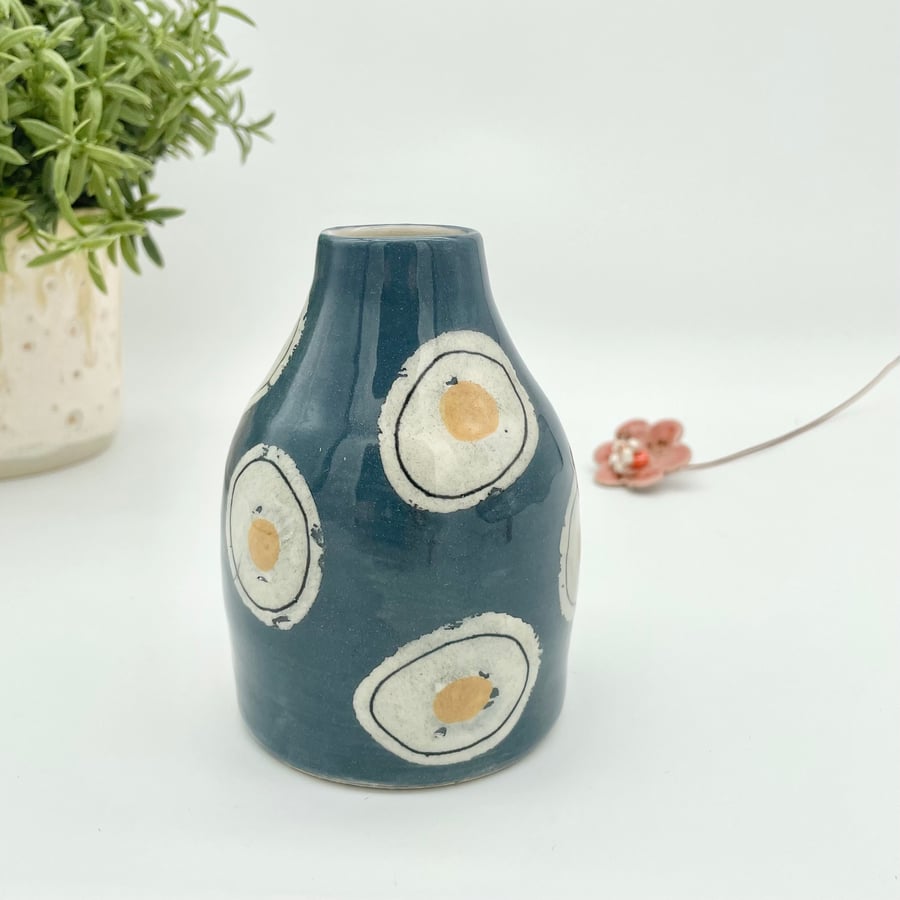 Unique Flower Bud Vase Navy Blue with White Yellow Spots - Handmade Pottery Gift