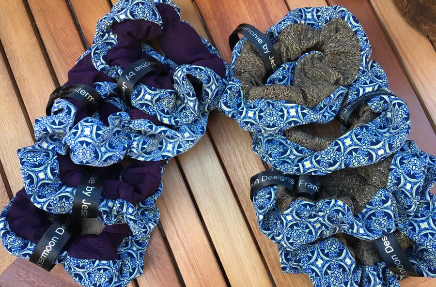 Frankenscrunchie, blue pattern and sparkle, medium scrunchie.