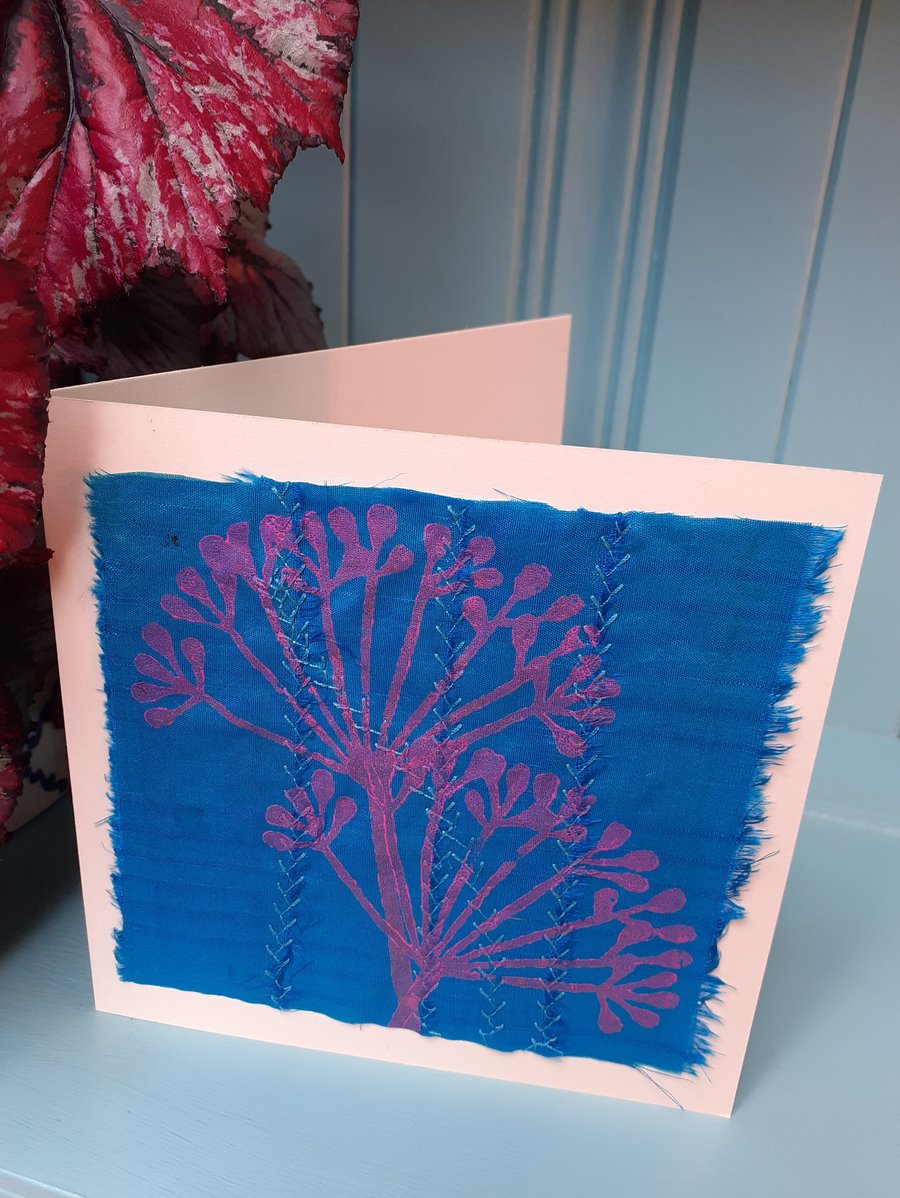 Stitched and printed sari silk ribbon card