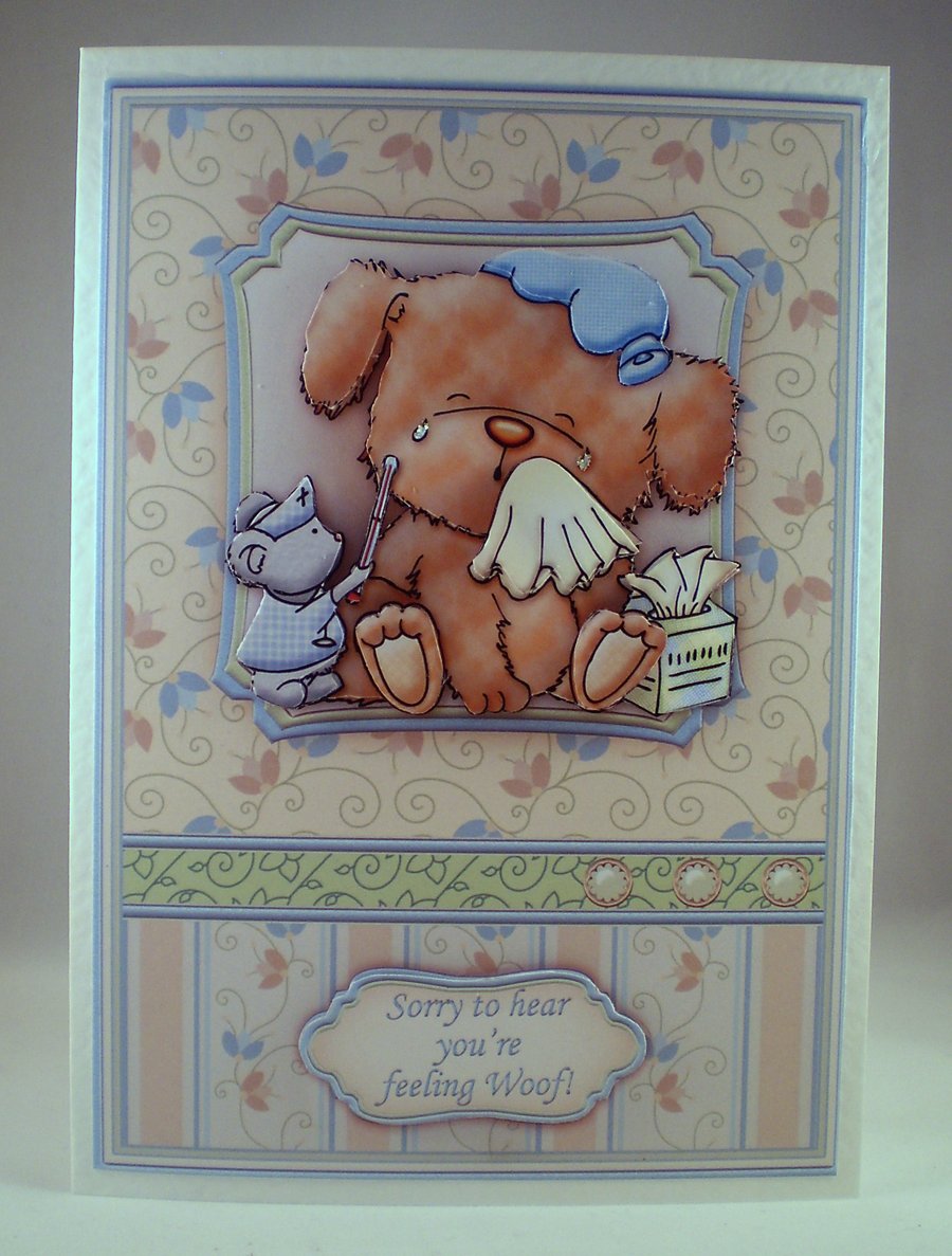 Handmade Decoupage,3D Cute Dog, Get Well Greetings Card.