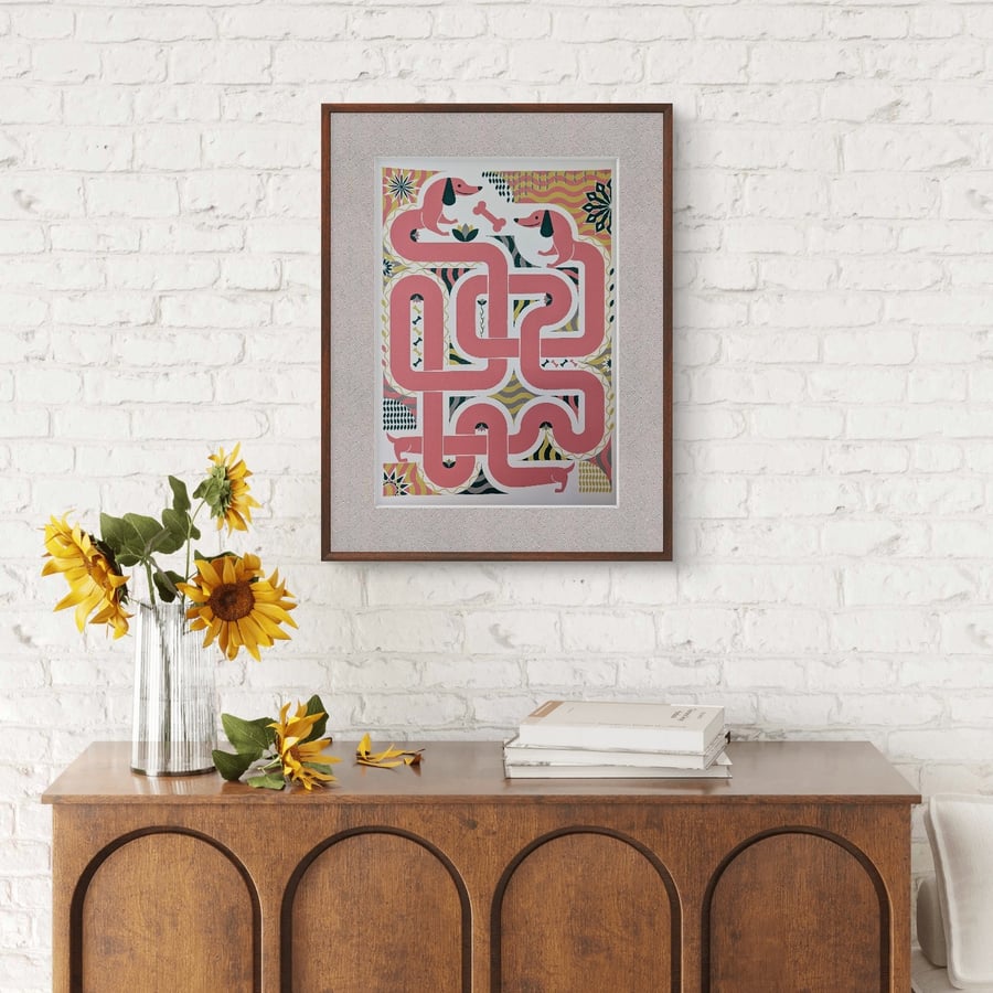 Screenprint of two Dachshunds creating a geometric pattern
