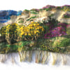 Hand woven 3D tapestry landscape in shades of green, pink, yellow and blue
