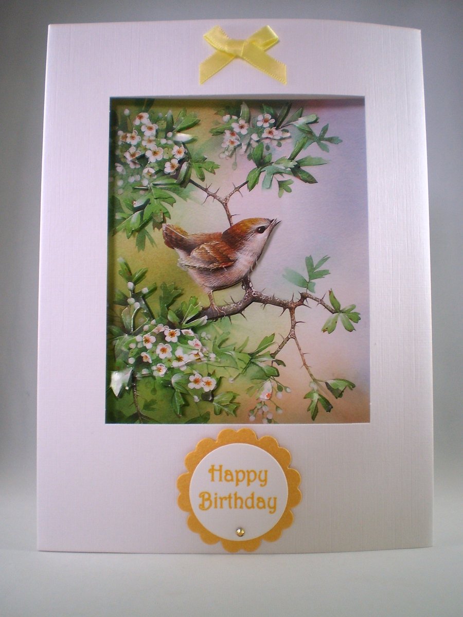 Handmade  Birthday decoupage bird card, wren,personalise