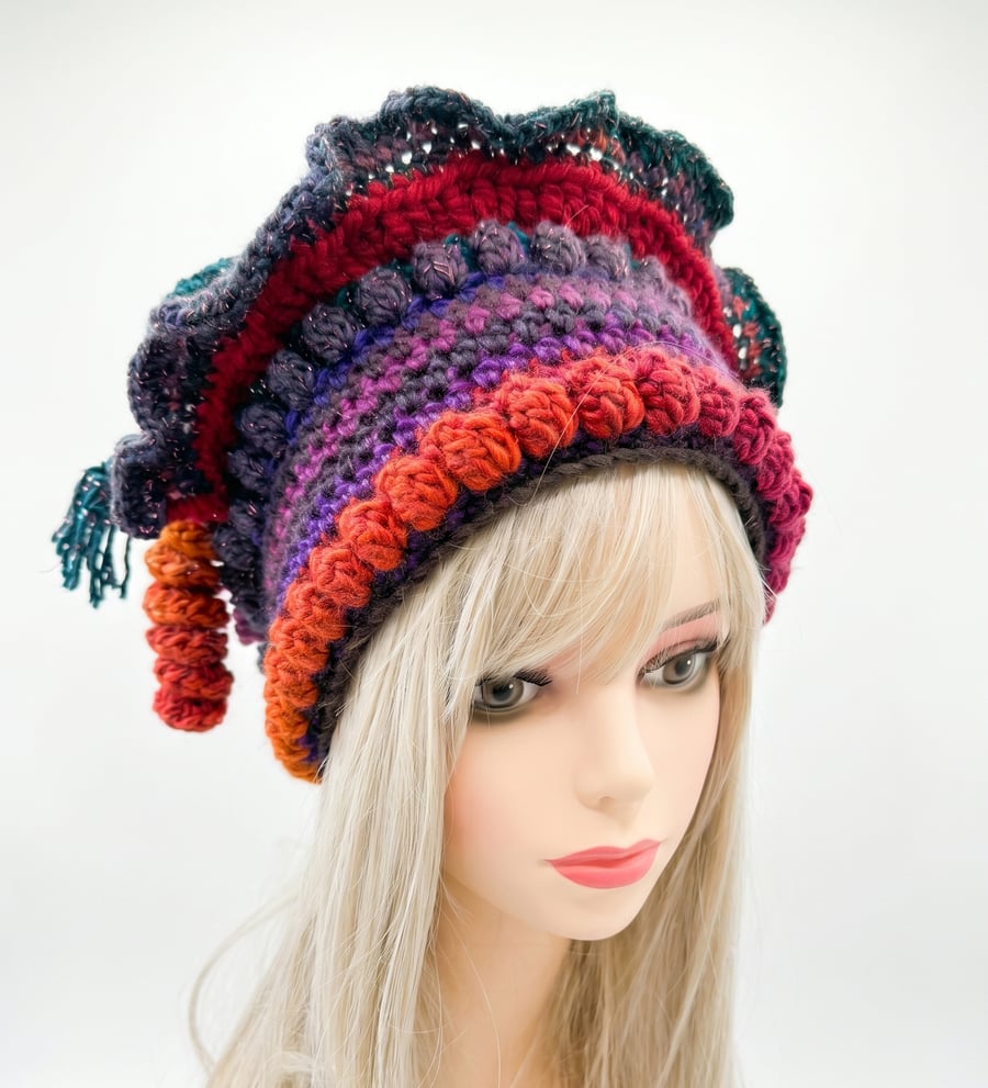 Festival Hat  Crochet Acrylic Yarn in Gold, Orange, and Green and Blue.
