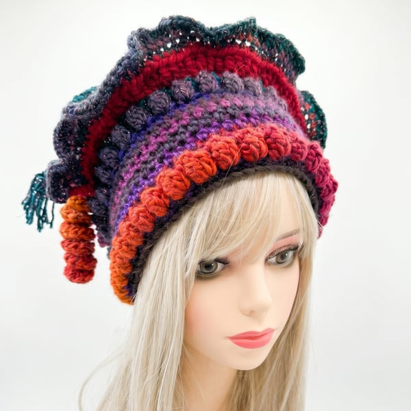 Festival Hat  Crochet Acrylic Yarn in Gold, Orange, and Green and Blue.
