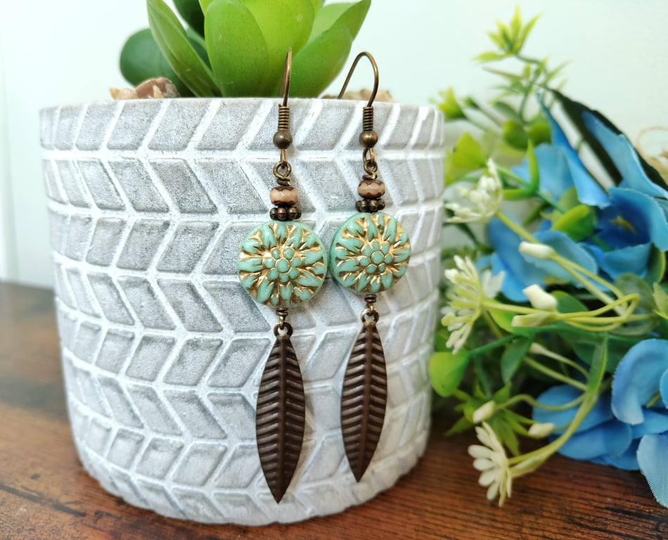 Bohemian Turquoise Leaf Drop Earrings