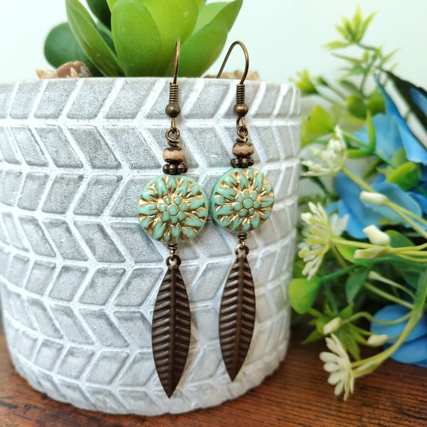Bohemian Turquoise Leaf Drop Earrings