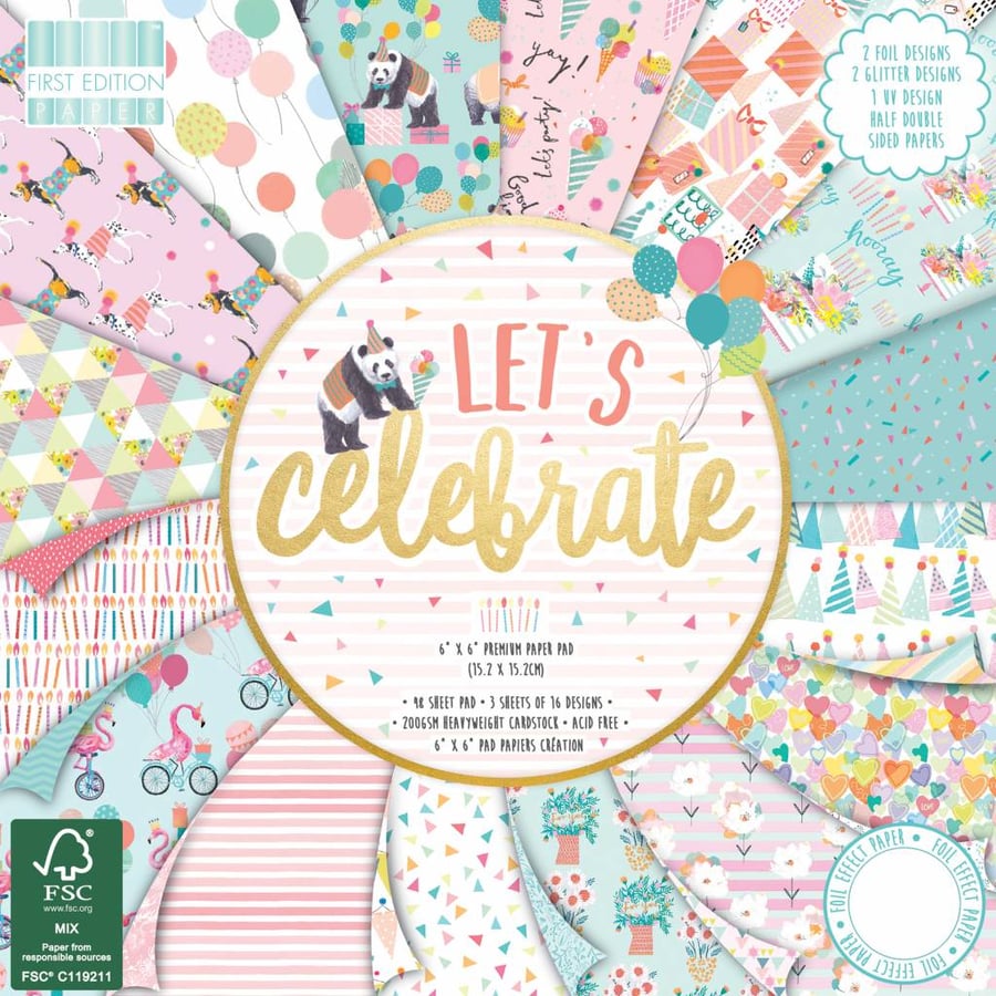 12"x12" Card Pack 48 Sheets 200gsm First Edition "Let's Celebrate" Paper Pad