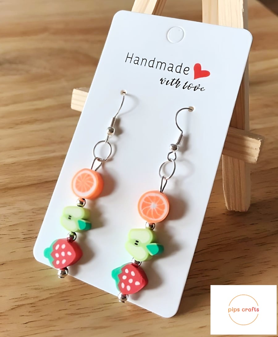 Tutti Frutti Bead Earrings Mixed Fruit, 925 Silver Hooks, Quirky Fun Jewellery 