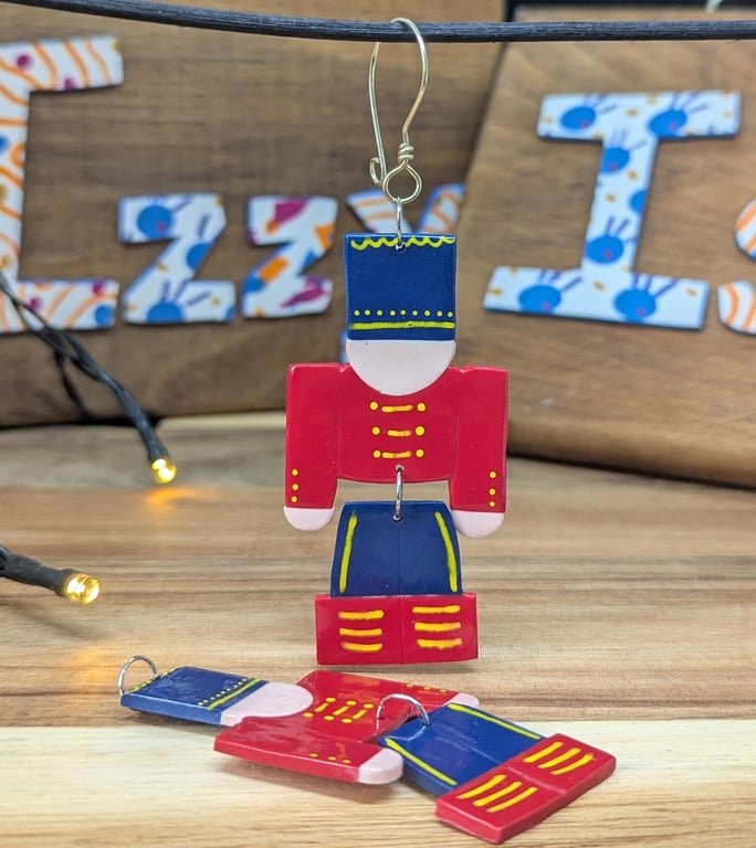 Handmade Nutcracker Soldier, festive polymer clay christmas tree decoration.