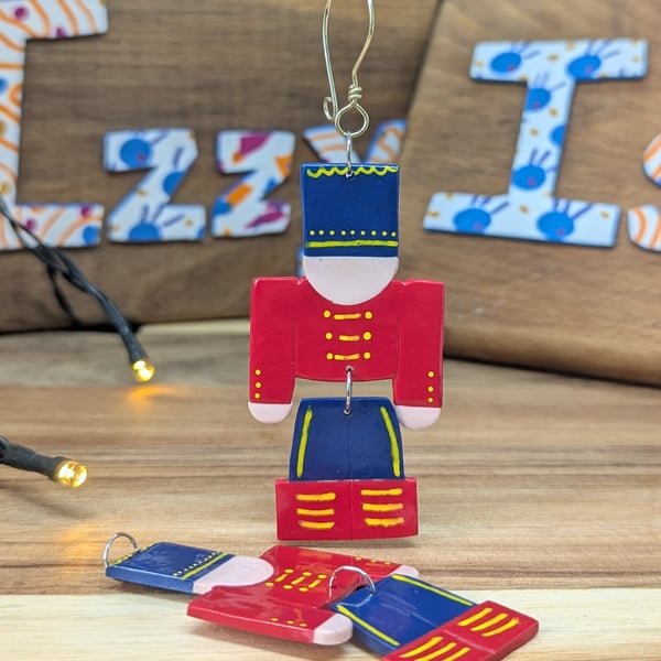 Handmade Nutcracker Soldier, festive polymer clay christmas tree decoration.