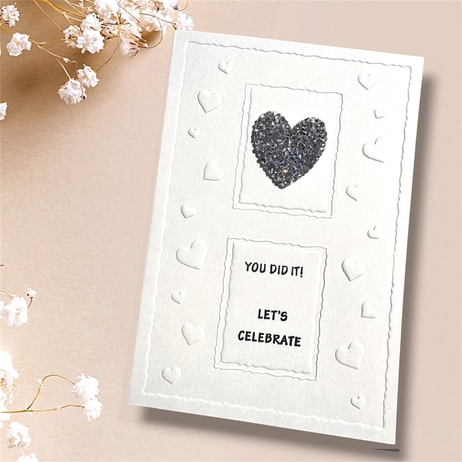 Handmade Wedding Card "you did it!" Or success, congratulations, Silver Heart 