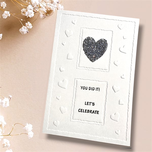 Handmade Wedding Card "you did it!" with Silver gem Heart on embossed card