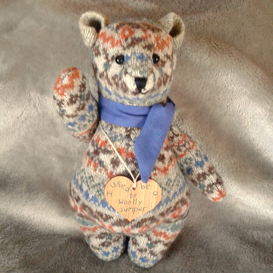 Teddy bear from repurposed fair isle woolly jumper with blue neckerchief