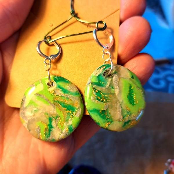 Funky pair of circled polymer clay green, white and gold leaf earrings