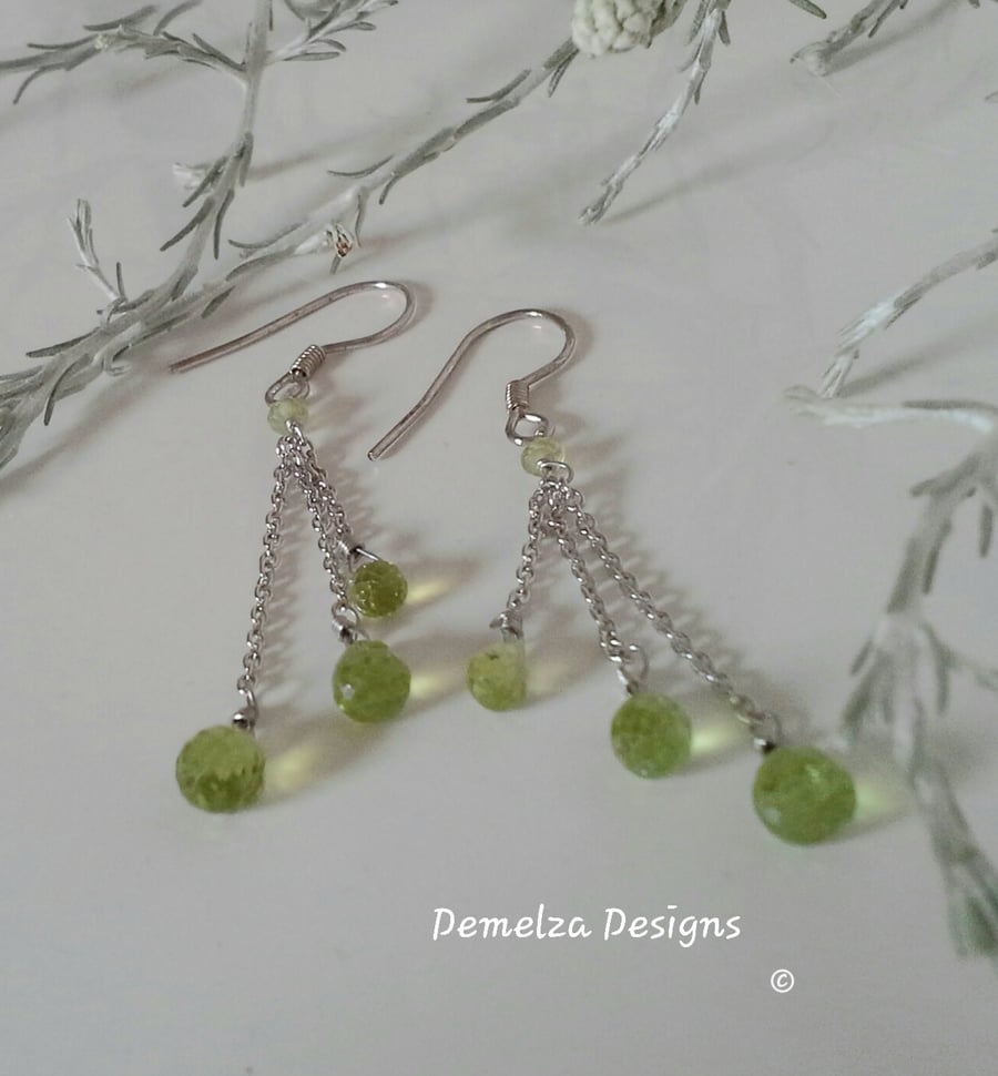 Designer Natural AA Grade Peridot Briolette Cut Sterling Silver Dangle Earrings