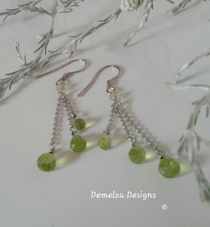 Designer Natural AA Grade Peridot Briolette Cut Sterling Silver Dangle Earrings