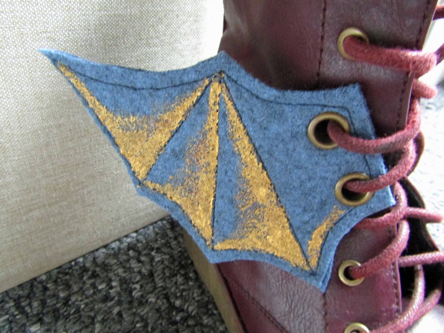 Steampunk Fabric Boot Wings Bat Wings Blue Gold