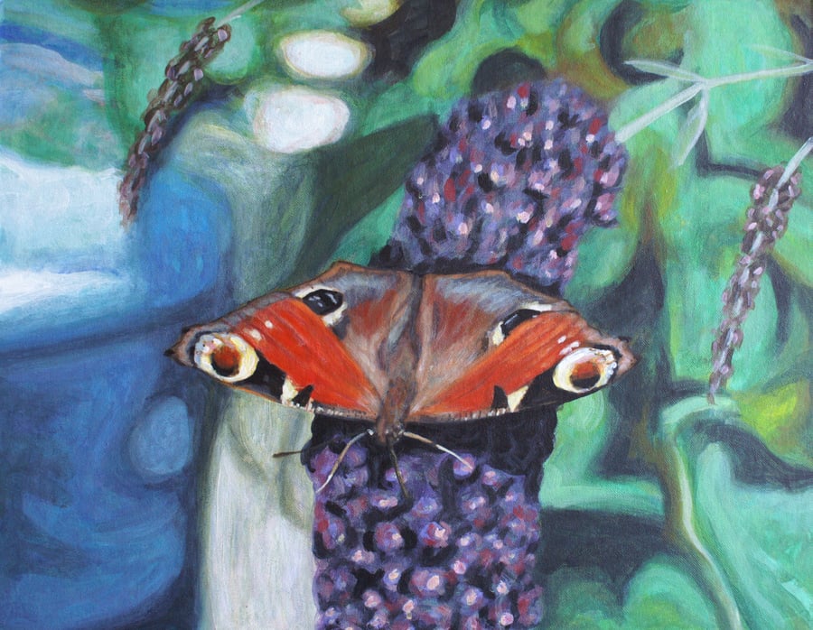 "Peacock Butterfly on Buddleia" original painting