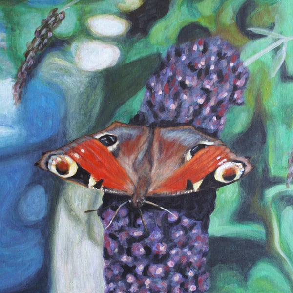 "Peacock Butterfly on Buddleia" original painting