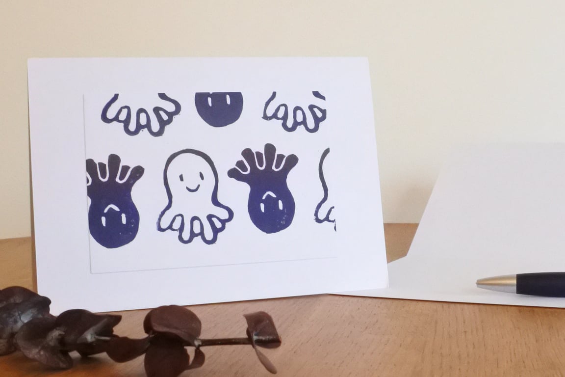 Navy Octopus – Greeting Card – Original Handmade Blockprint