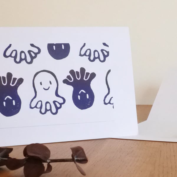 Navy Octopus – Greeting Card – Original Handmade Blockprint