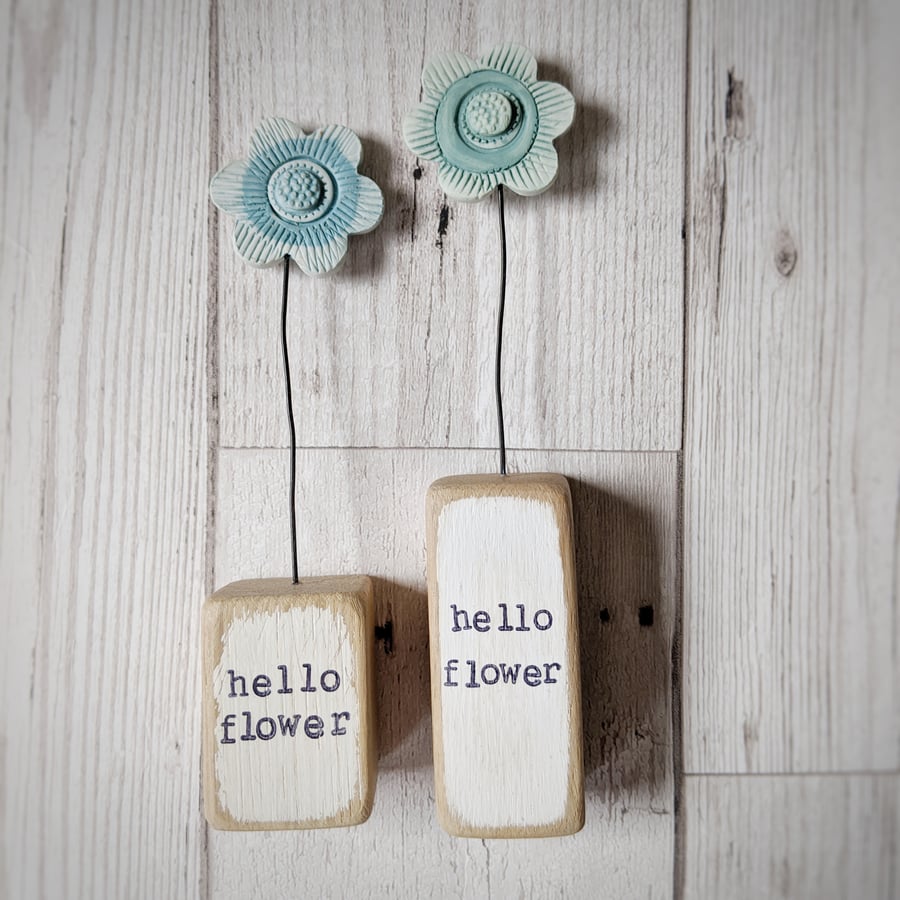 Clay Flower Garden in a Painted Wood Block 'hello flower'
