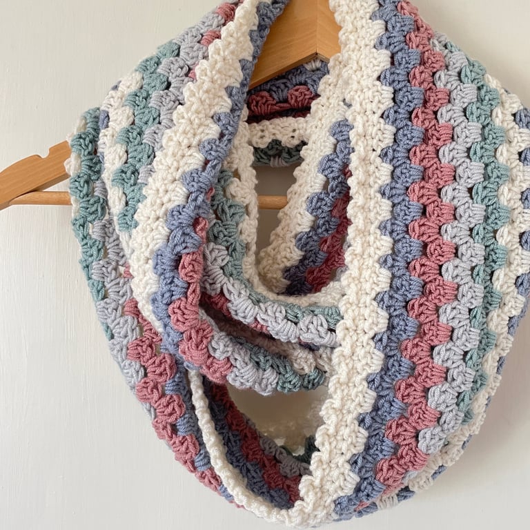 Multicoloured Crochet Infinity Scarf - Handmade - Gifts for Her - Granny Stripe