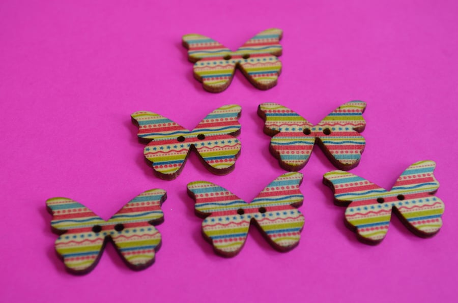 Wooden Butterfly Buttons Stripey Pink Turquoise Yellow Rainbow 6pk 28x20mm (B5)