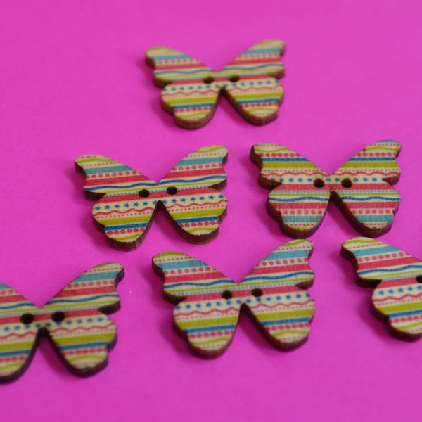 Wooden Butterfly Buttons Stripey Pink Turquoise Yellow Rainbow 6pk 28x20mm (B5)