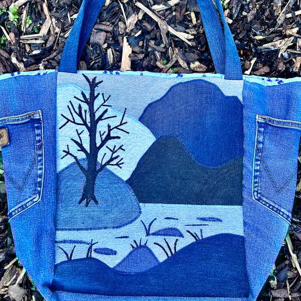 Scenic appliqué denim tote bag - Upcycled wranglers 