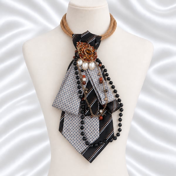 Amber Noir Upcycled Necktie Statement Necklace